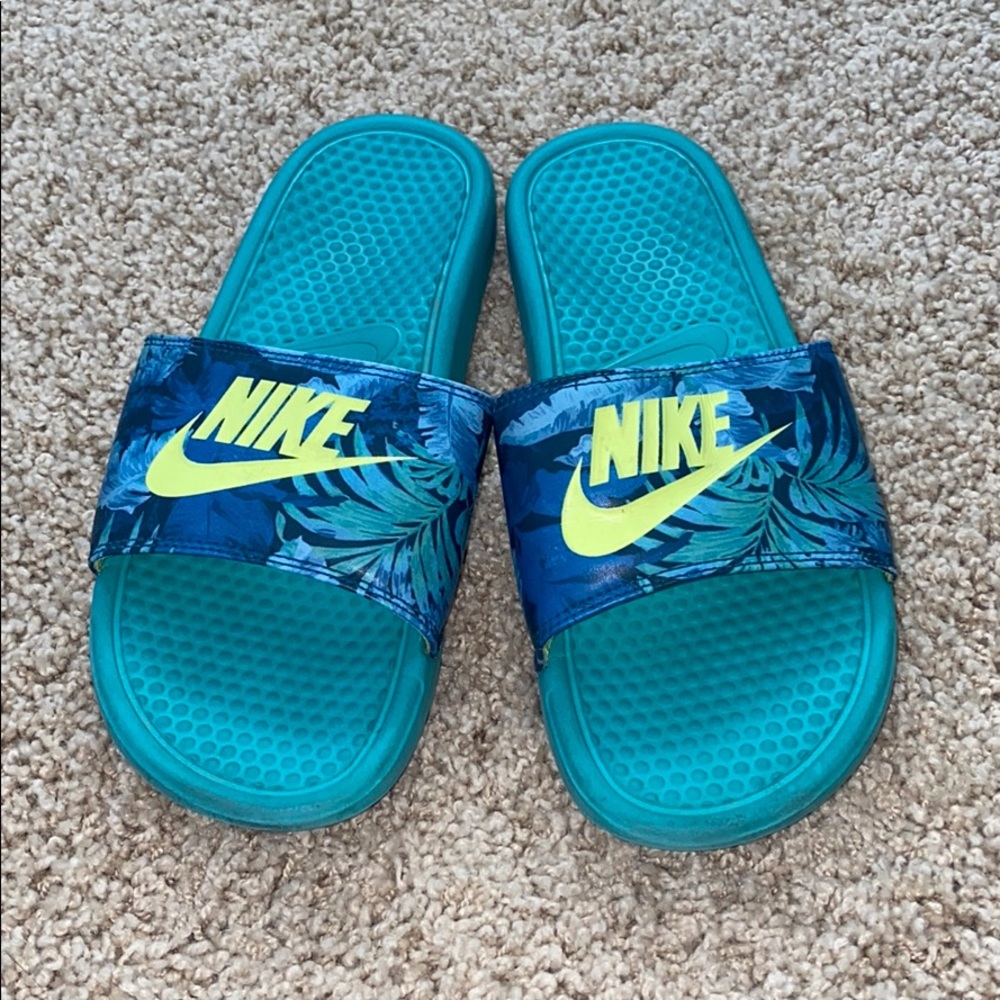 Tropical print teal Nike slides, neon green logo